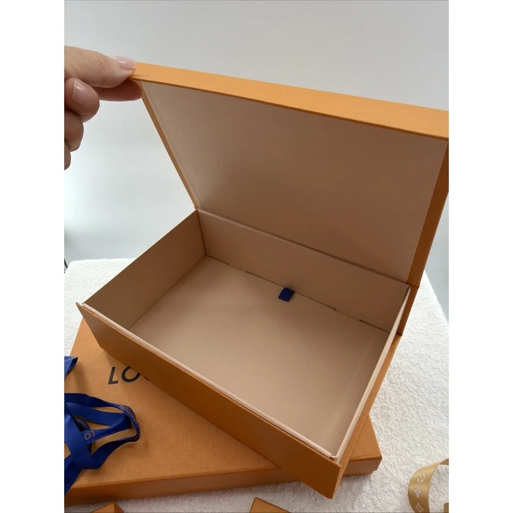 Empty Louis Vuitton Orange Gift Box Set of 4 w/ Blue Ribbon, Rectangle Cardboard